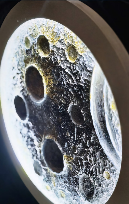 تابلو ماه با تکسچرهای ناهماهنگ در رنگهای نقرهای و طلایی؛ اثری از تضاد، درخشش و سکوت.